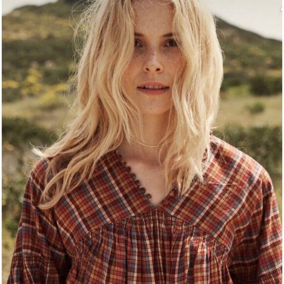 DOEN Thistle Blouse in Blue Autumn Plaid Print Boho M - Picture 2 of 12